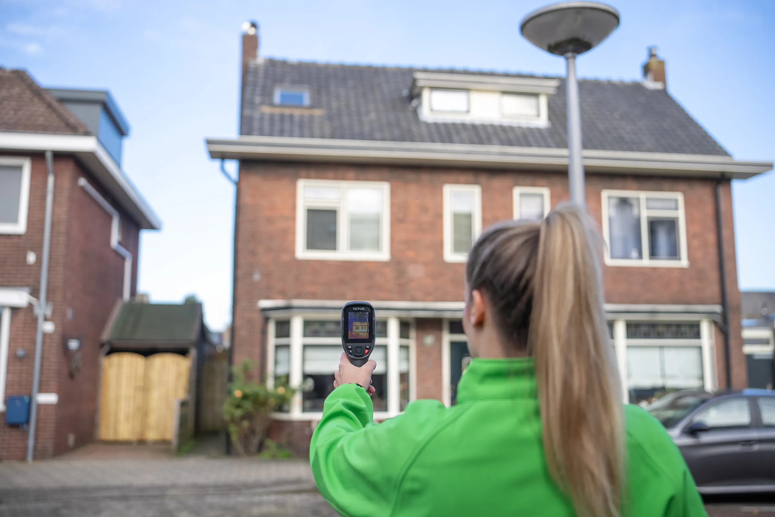 Vrouw meet met een warmtecamera de gevel van een huis